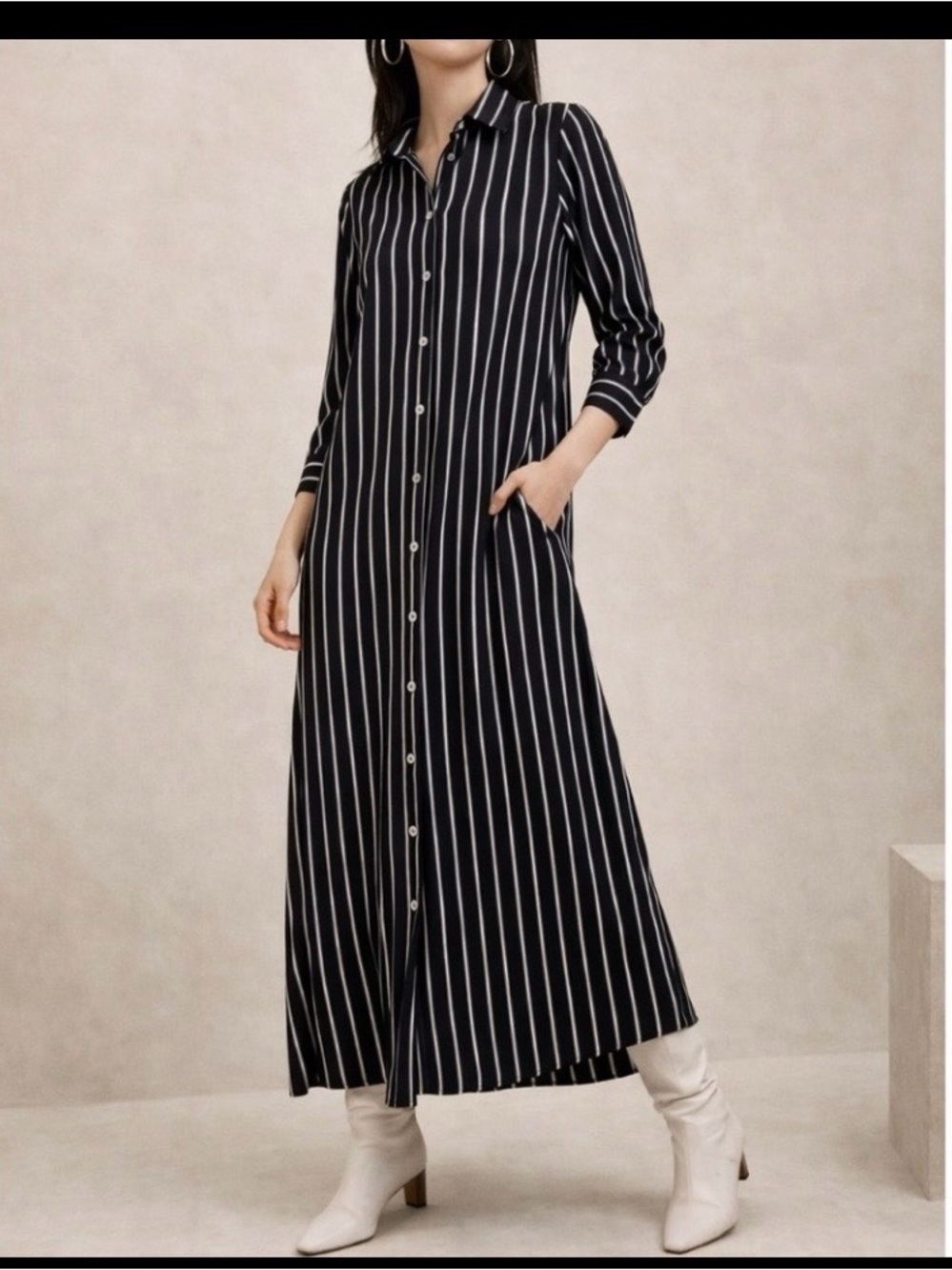 Banana Republic Black and White Striped Maxi Shirt Dress
